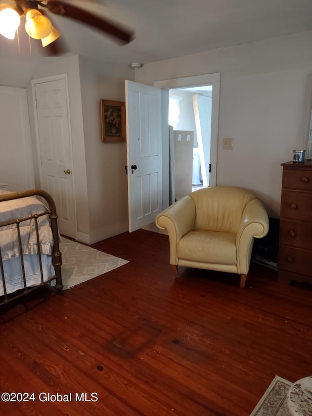 interior space featuring ceiling fan and dark wood-type flooring