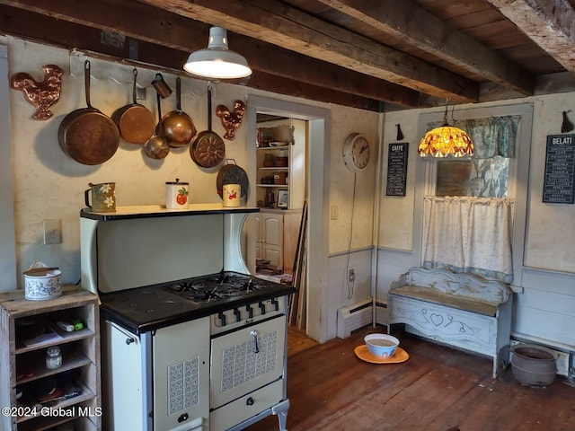 kitchen with beam ceiling, dark hardwood / wood-style floors, decorative light fixtures, and baseboard heating