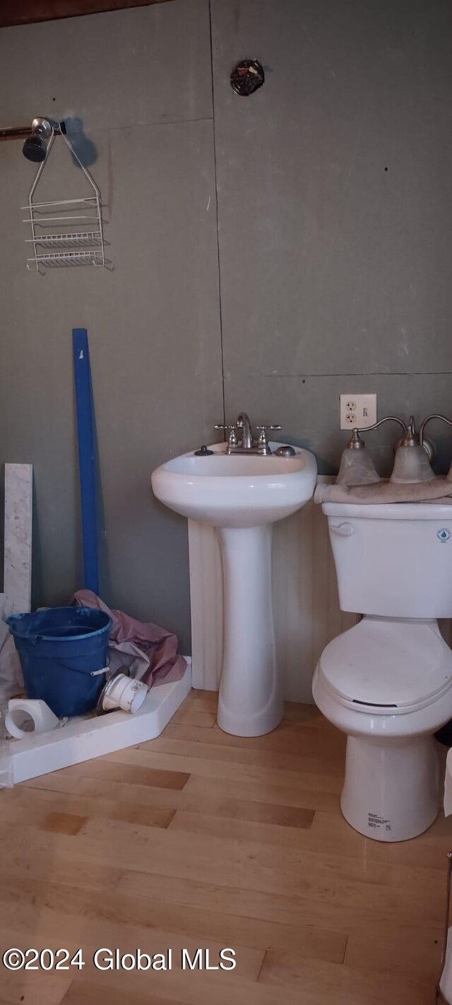 bathroom with hardwood / wood-style floors, toilet, and sink