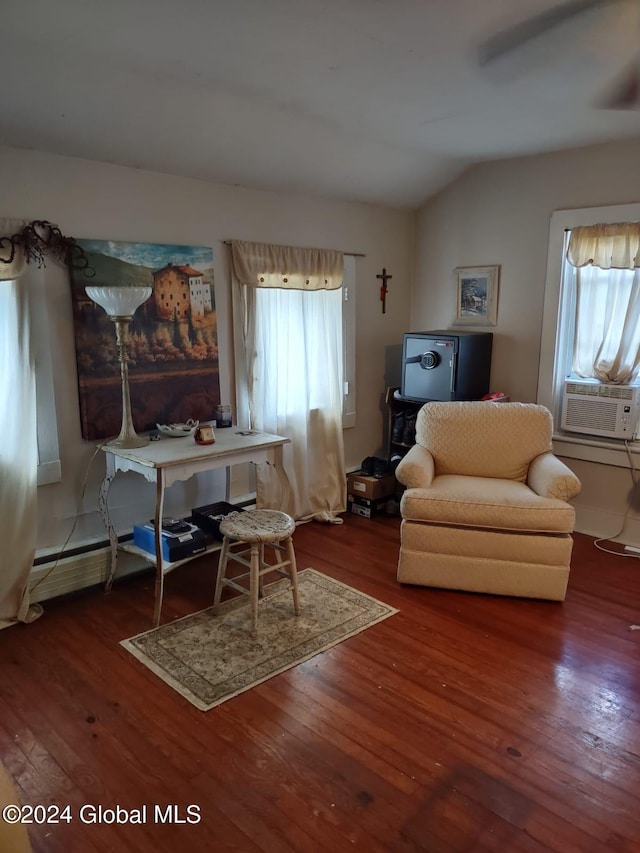 living room with cooling unit, dark wood-type flooring, and vaulted ceiling