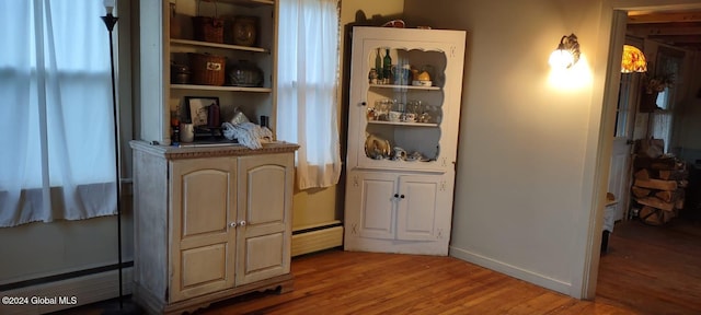 dining area with wood-type flooring and baseboard heating