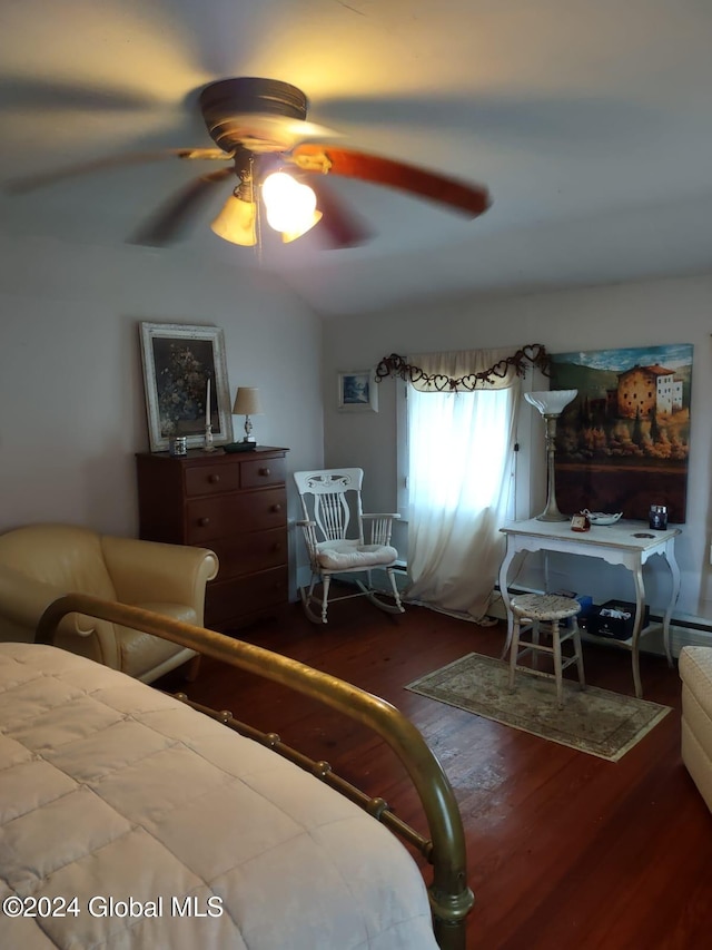 bedroom featuring ceiling fan, wood-type flooring, and lofted ceiling