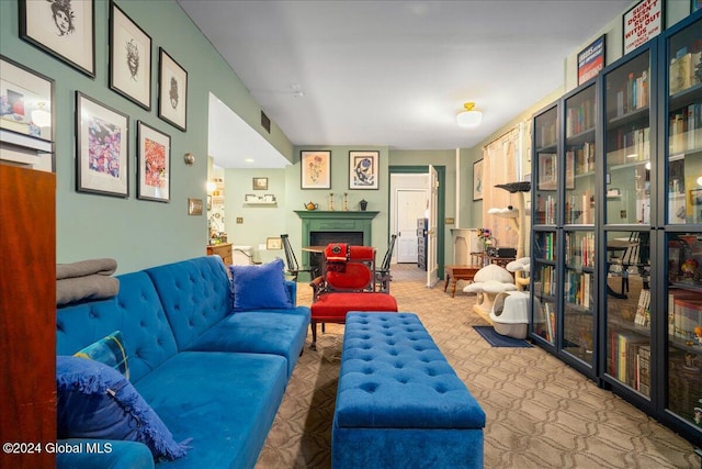 living room with light colored carpet