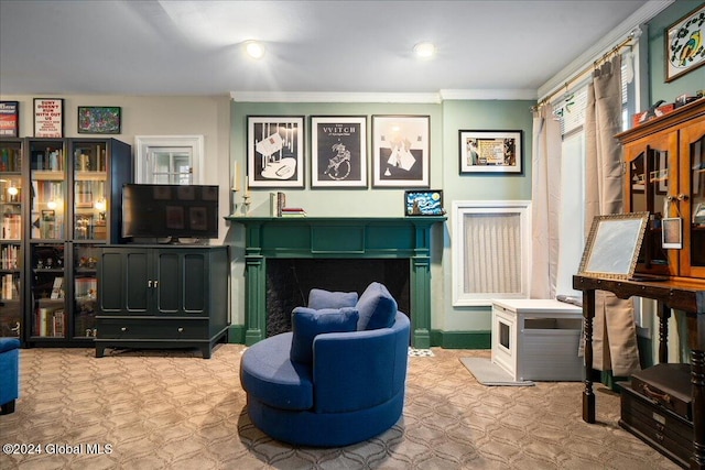 living area featuring crown molding