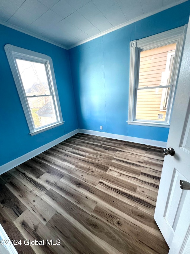 spare room featuring hardwood / wood-style floors and ornamental molding