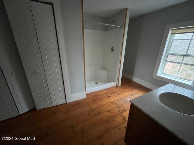 bathroom with a shower, hardwood / wood-style floors, and vanity