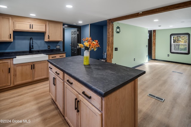 kitchen featuring light hardwood / wood-style flooring, a kitchen island, and sink