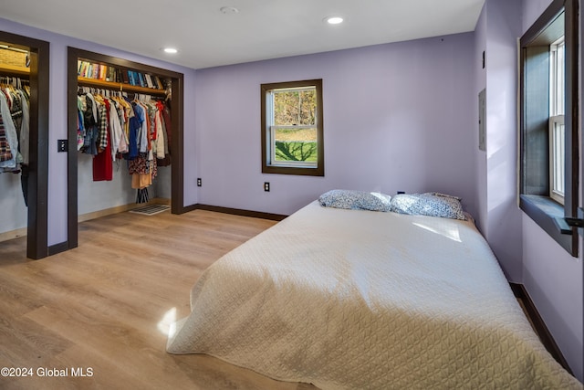 bedroom featuring light hardwood / wood-style floors and a closet