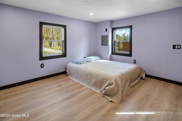 bedroom featuring light wood-type flooring, electric panel, and multiple windows