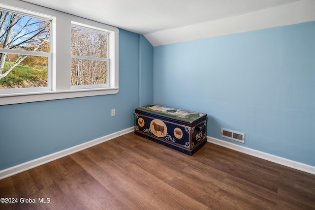 unfurnished bedroom with lofted ceiling and dark hardwood / wood-style floors