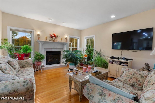 living room with a healthy amount of sunlight, light wood-type flooring, and a tile fireplace