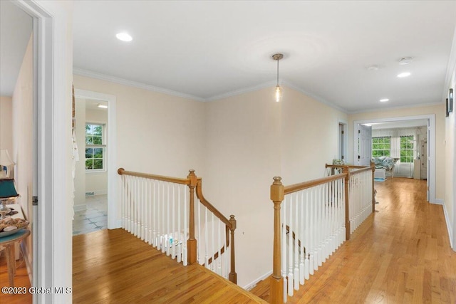 corridor with a healthy amount of sunlight, crown molding, and light hardwood / wood-style flooring