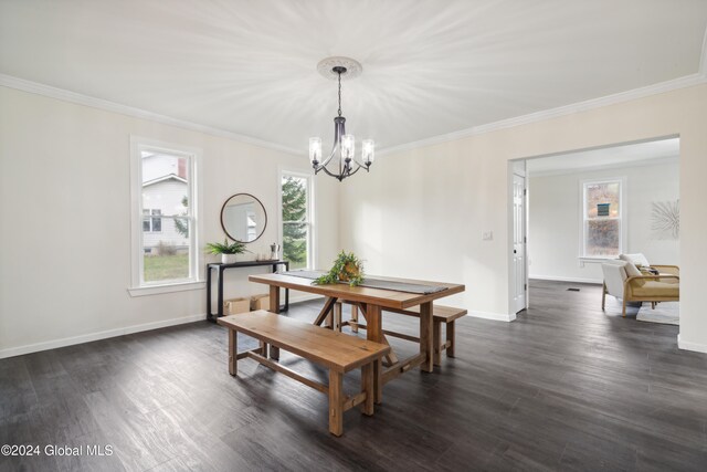 dining area featuring a notable chandelier, a healthy amount of sunlight, dark hardwood / wood-style flooring, and ornamental molding