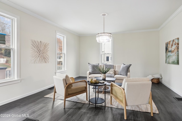 living room featuring plenty of natural light, dark hardwood / wood-style floors, and crown molding