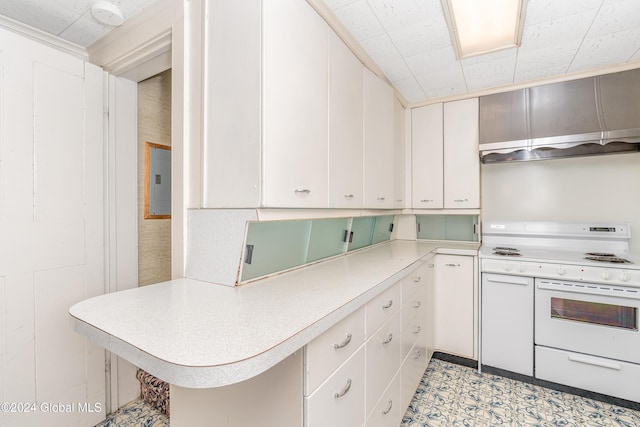 kitchen featuring white cabinetry, a kitchen bar, white electric stove, and kitchen peninsula