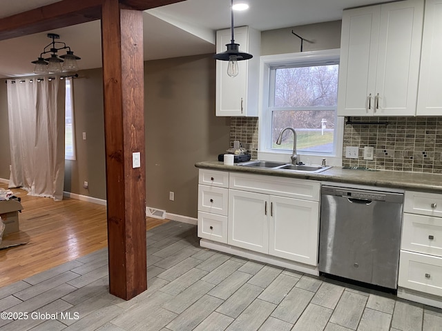 kitchen with pendant lighting, white cabinets, sink, stainless steel dishwasher, and decorative backsplash