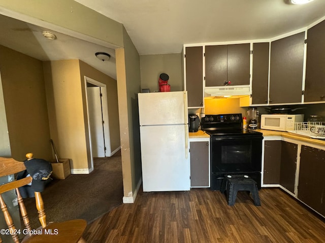 kitchen with white appliances and dark wood-type flooring