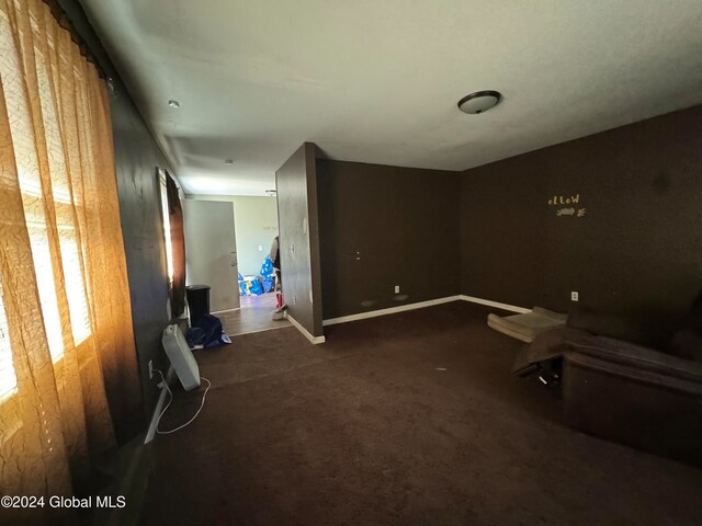 interior space featuring dark colored carpet and wooden walls