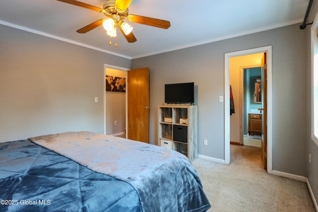 carpeted bedroom with ceiling fan and ornamental molding