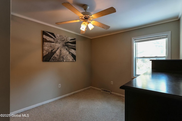 spare room with carpet floors, ceiling fan, and crown molding