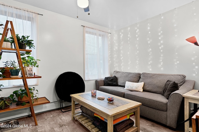 living room with wood-type flooring and a baseboard radiator