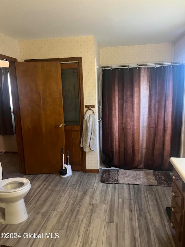 bathroom featuring hardwood / wood-style floors, vanity, and a shower with shower curtain