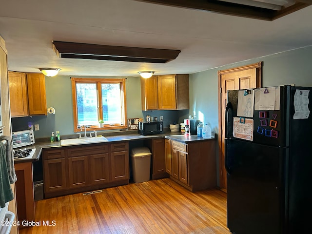 kitchen with sink, light hardwood / wood-style flooring, and black appliances