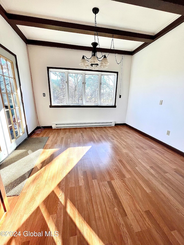 unfurnished dining area featuring baseboard heating, a wealth of natural light, beam ceiling, and hardwood / wood-style flooring