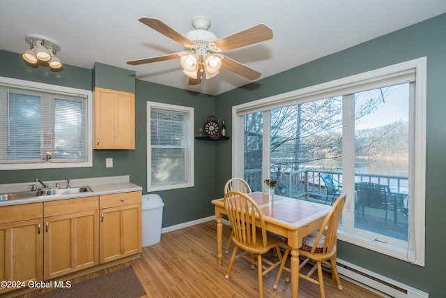 dining room featuring sink, ceiling fan, and light wood-type flooring