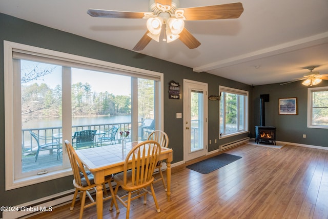 dining room featuring hardwood / wood-style flooring, a wealth of natural light, a wood stove, and a water view