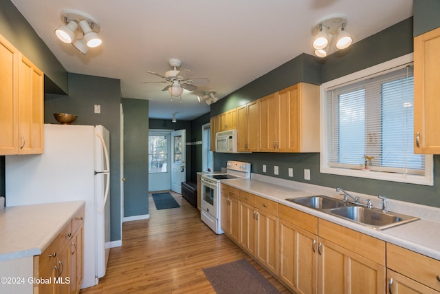 kitchen with sink, light brown cabinetry, and white appliances