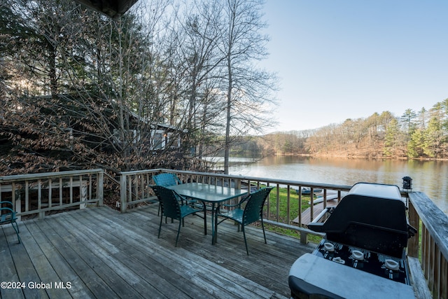 wooden deck featuring a water view