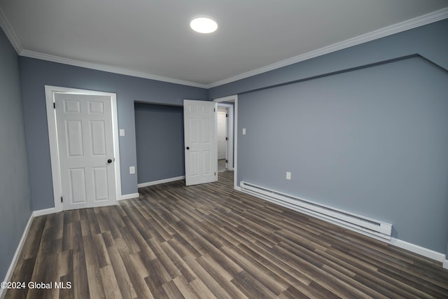 unfurnished bedroom with dark hardwood / wood-style floors, baseboard heating, and ornamental molding