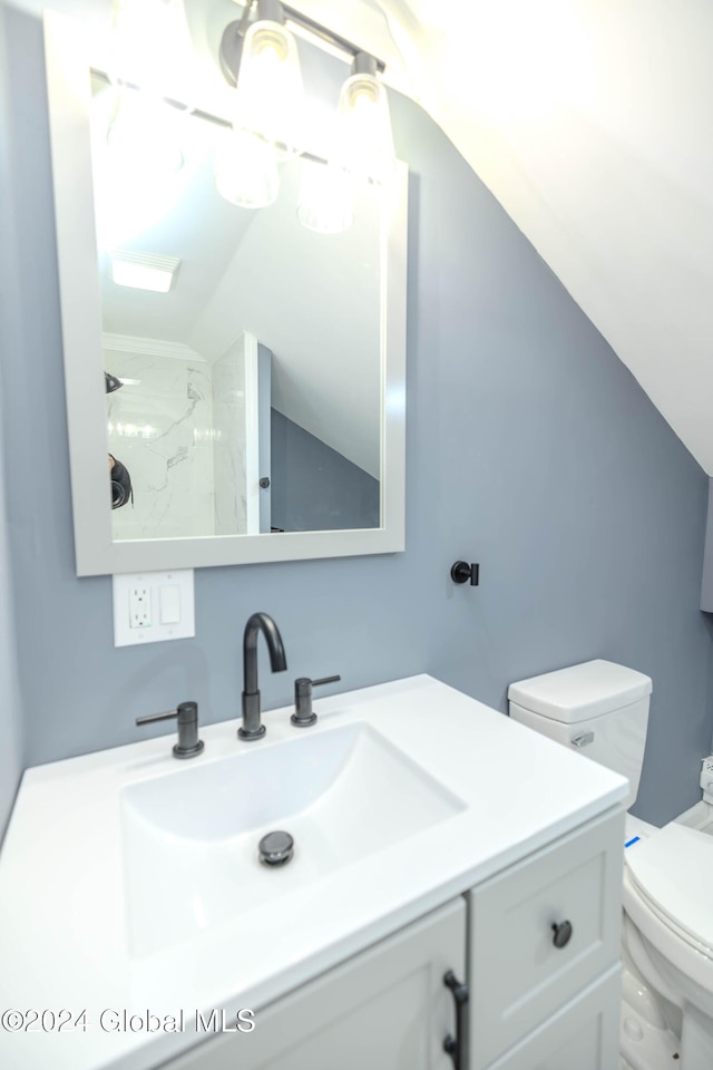 bathroom featuring vanity, toilet, and lofted ceiling