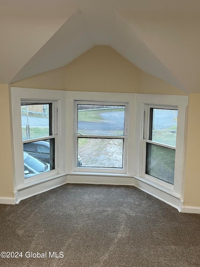 interior space with carpet floors, a healthy amount of sunlight, and vaulted ceiling