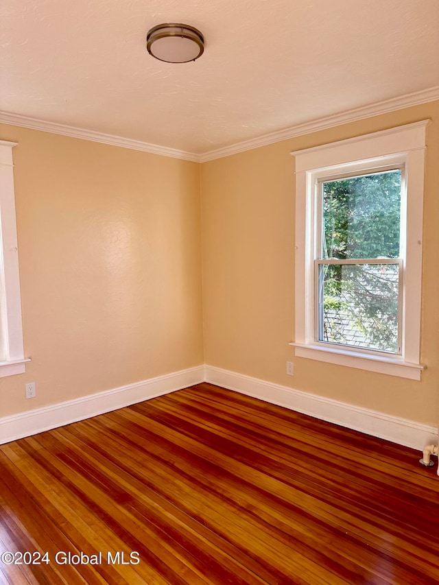 empty room with wood-type flooring and crown molding