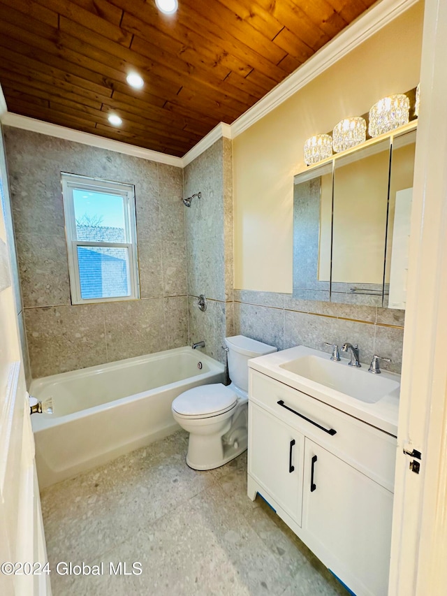 full bathroom featuring ornamental molding, tiled shower / bath combo, tile walls, wooden ceiling, and toilet