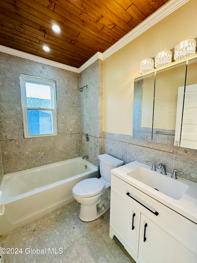 full bathroom featuring wood ceiling, crown molding, tile walls, toilet, and tiled shower / bath