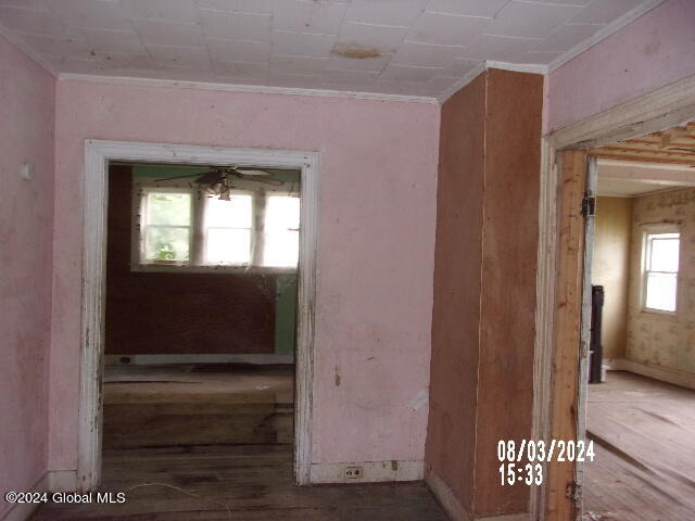 misc room with a wealth of natural light, ornamental molding, and ceiling fan