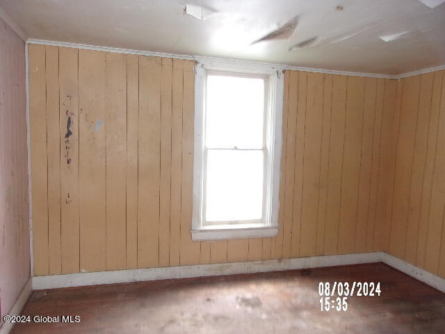 unfurnished room with a healthy amount of sunlight and wood walls