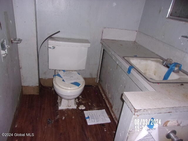 bathroom with hardwood / wood-style floors, vanity, and toilet