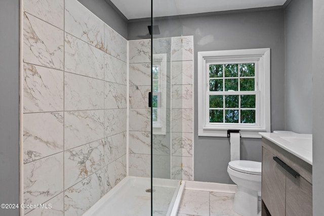 bathroom with a tile shower, vanity, and toilet