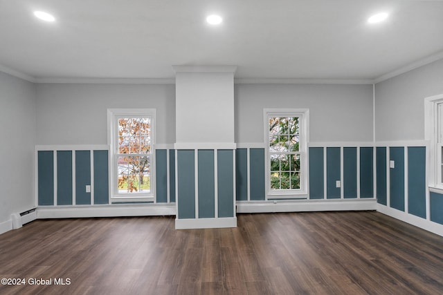 unfurnished living room with baseboard heating, crown molding, and dark hardwood / wood-style flooring