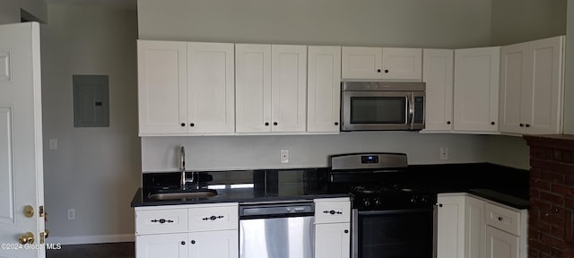 kitchen with electric panel, sink, white cabinets, and appliances with stainless steel finishes