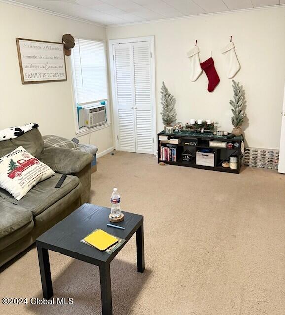 living room featuring carpet, cooling unit, and ornamental molding