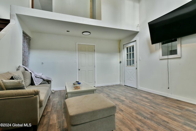 living room featuring a high ceiling and dark hardwood / wood-style flooring