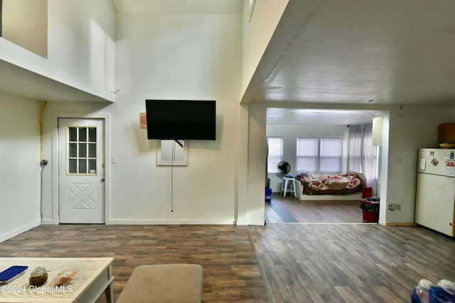 living room featuring dark wood-type flooring