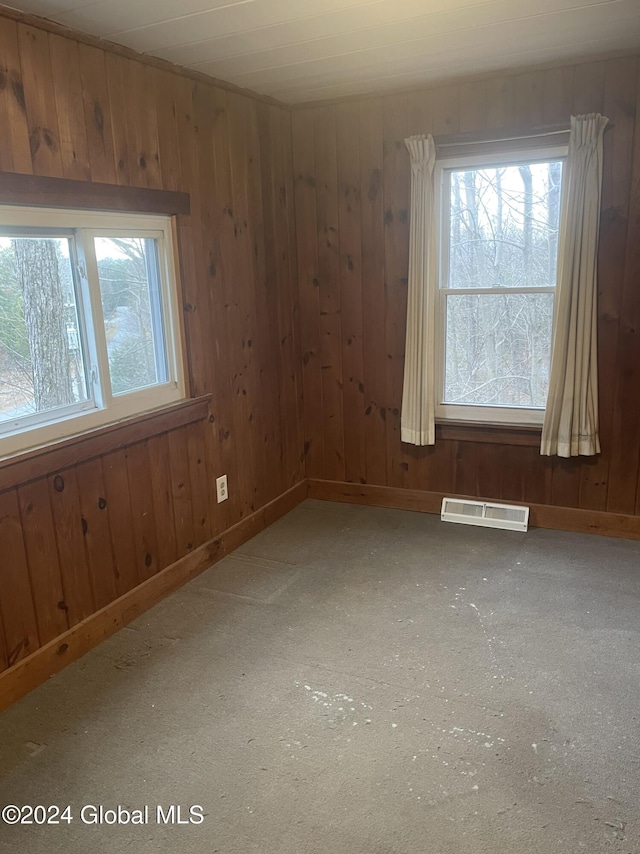 unfurnished room featuring wood walls