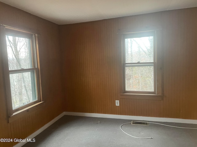 empty room with plenty of natural light and wood walls