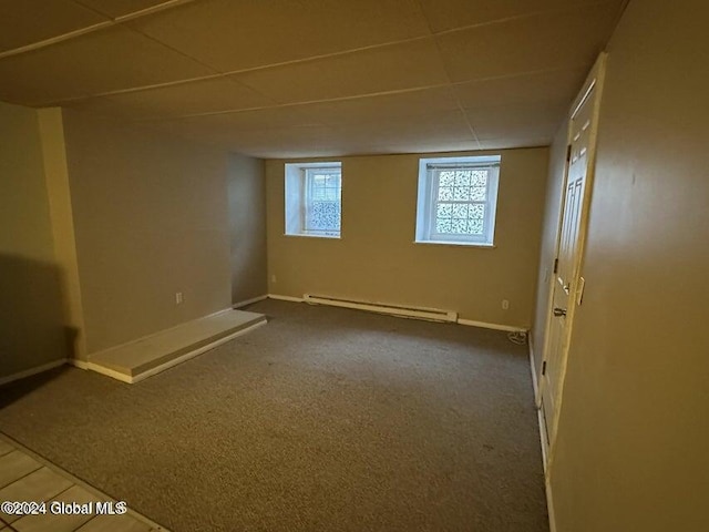 spare room featuring carpet floors and a baseboard radiator